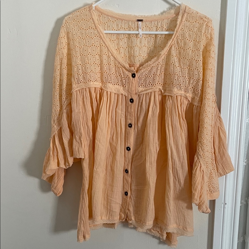 Free People Peach Eyelet Button-Down Blouse